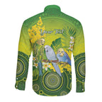Personalised Budgerigar Australia and Golden Wattle Long Sleeve Button Shirt Budgie Aboriginal Art