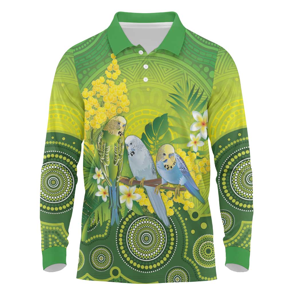 Personalised Budgerigar Australia and Golden Wattle Long Sleeve Polo Shirt Budgie Aboriginal Art