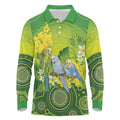 Personalised Budgerigar Australia and Golden Wattle Long Sleeve Polo Shirt Budgie Aboriginal Art
