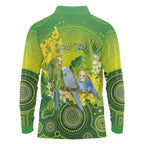 Personalised Budgerigar Australia and Golden Wattle Long Sleeve Polo Shirt Budgie Aboriginal Art