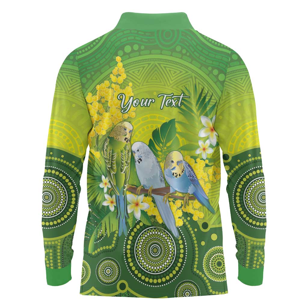 Personalised Budgerigar Australia and Golden Wattle Long Sleeve Polo Shirt Budgie Aboriginal Art