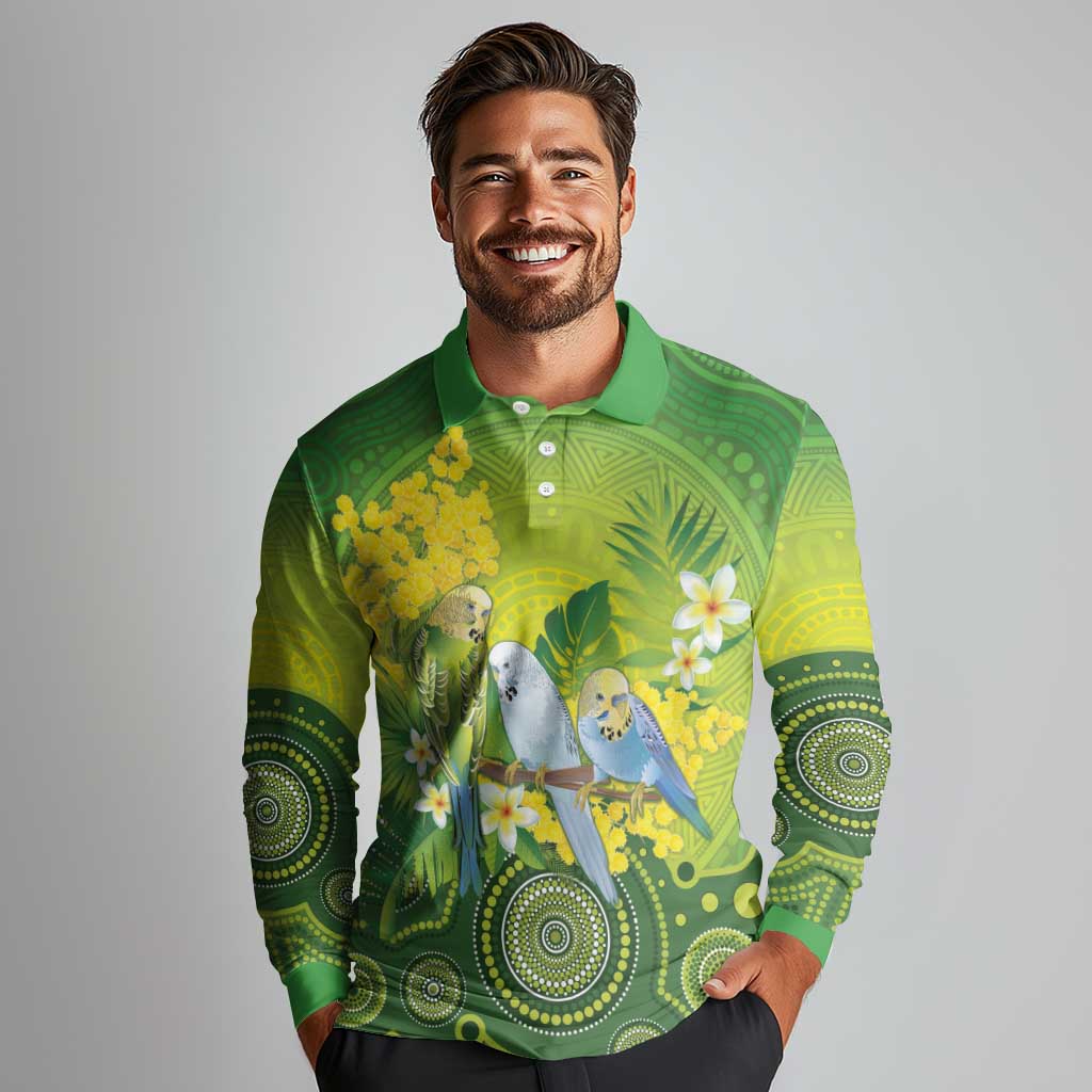 Personalised Budgerigar Australia and Golden Wattle Long Sleeve Polo Shirt Budgie Aboriginal Art