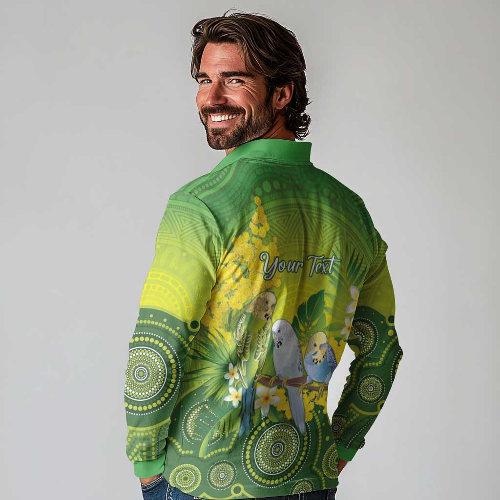 Personalised Budgerigar Australia and Golden Wattle Long Sleeve Polo Shirt Budgie Aboriginal Art