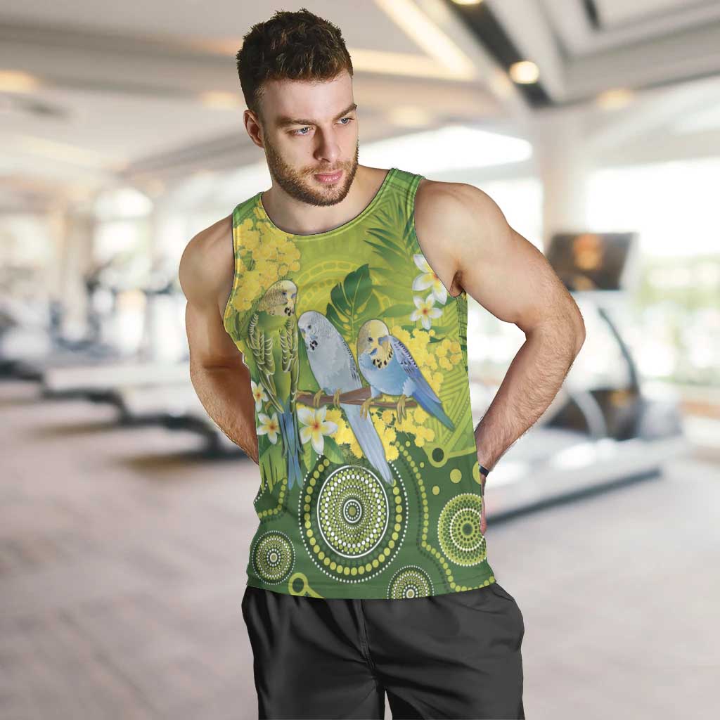 Personalised Budgerigar Australia and Golden Wattle Men Tank Top Budgie Aboriginal Art