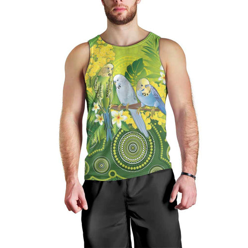 Personalised Budgerigar Australia and Golden Wattle Men Tank Top Budgie Aboriginal Art