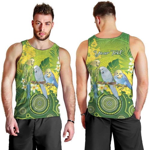 Personalised Budgerigar Australia and Golden Wattle Men Tank Top Budgie Aboriginal Art