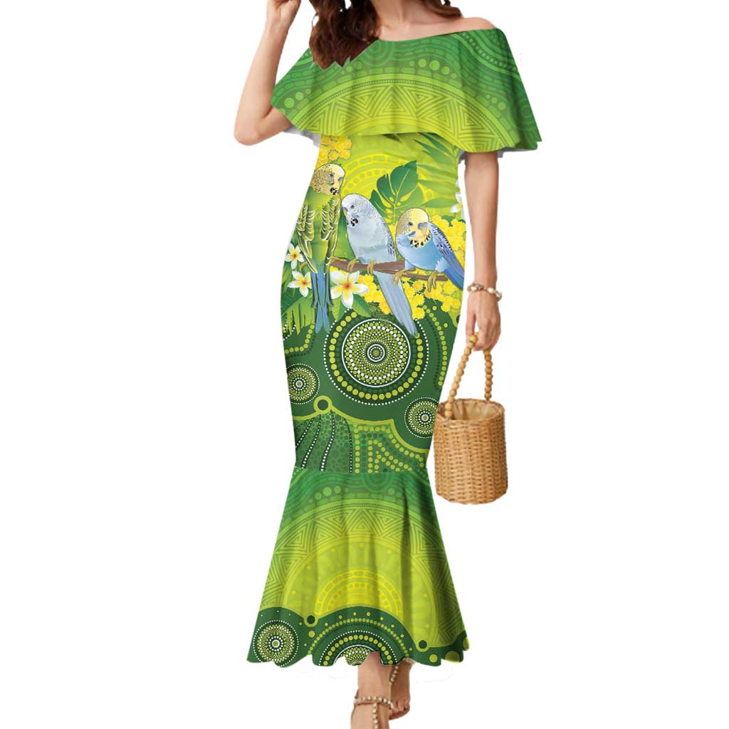 Personalised Budgerigar Australia and Golden Wattle Mermaid Dress Budgie Aboriginal Art