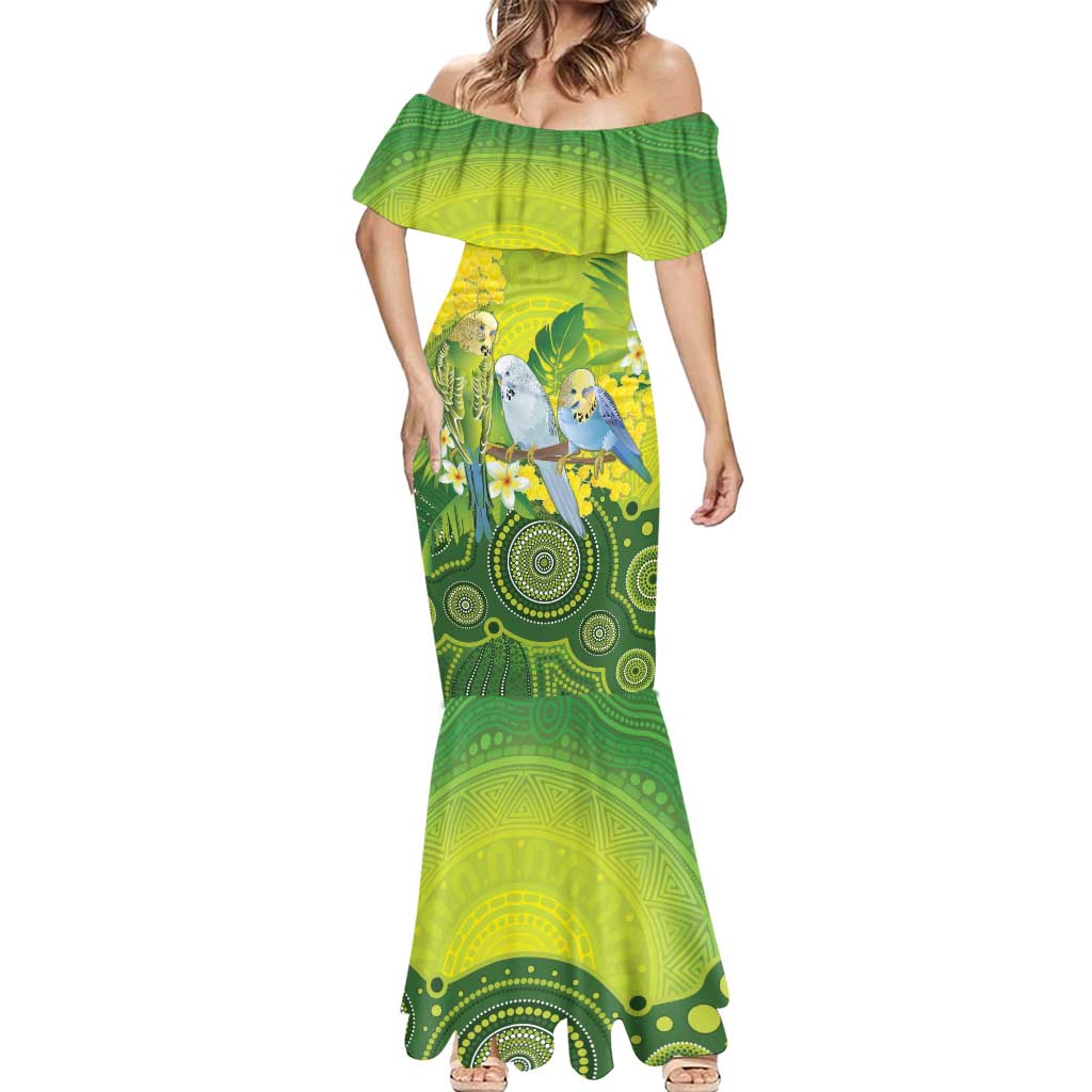 Personalised Budgerigar Australia and Golden Wattle Mermaid Dress Budgie Aboriginal Art