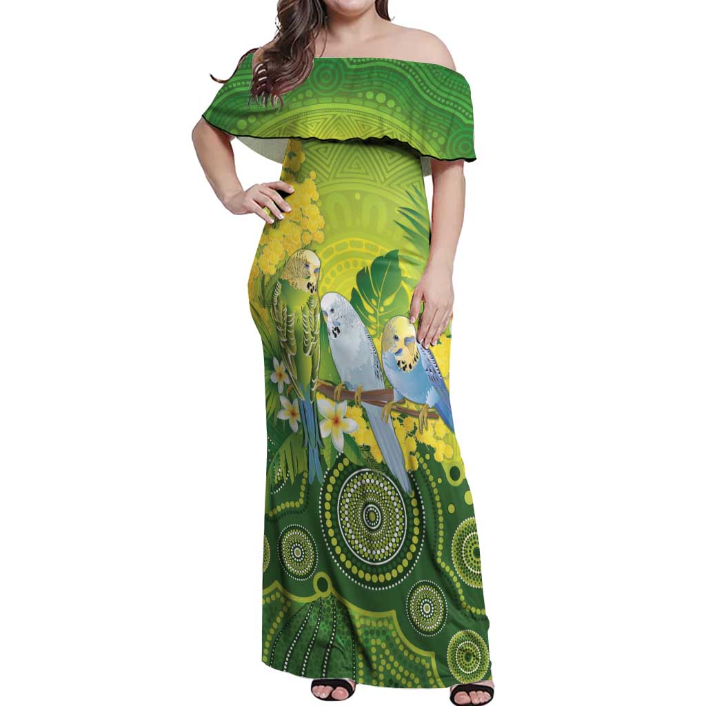 Personalised Budgerigar Australia and Golden Wattle Off Shoulder Maxi Dress Budgie Aboriginal Art
