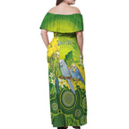 Personalised Budgerigar Australia and Golden Wattle Off Shoulder Maxi Dress Budgie Aboriginal Art