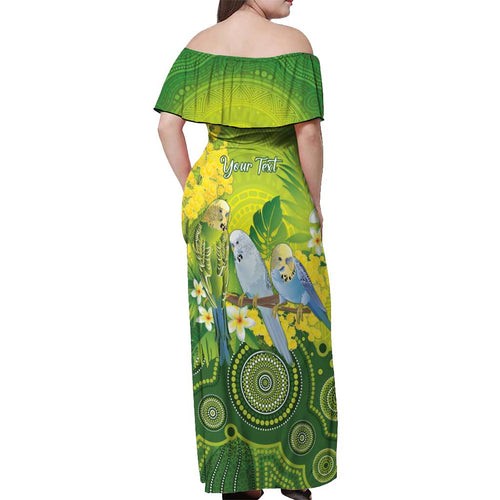 Personalised Budgerigar Australia and Golden Wattle Off Shoulder Maxi Dress Budgie Aboriginal Art