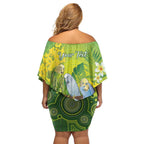 Personalised Budgerigar Australia and Golden Wattle Off Shoulder Short Dress Budgie Aboriginal Art