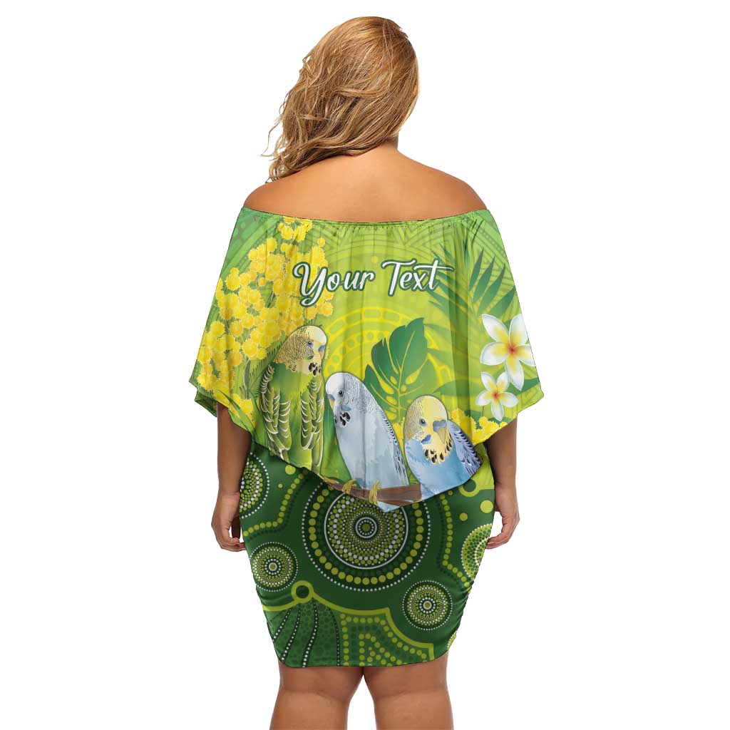 Personalised Budgerigar Australia and Golden Wattle Off Shoulder Short Dress Budgie Aboriginal Art