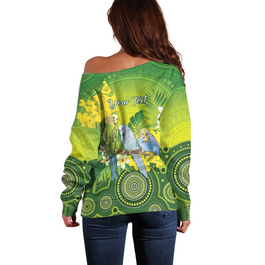 Personalised Budgerigar Australia and Golden Wattle Off Shoulder Sweater Budgie Aboriginal Art