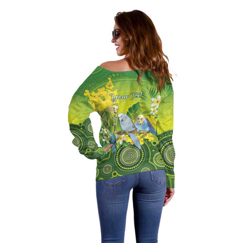 Personalised Budgerigar Australia and Golden Wattle Off Shoulder Sweater Budgie Aboriginal Art
