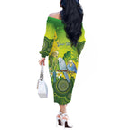 Personalised Budgerigar Australia and Golden Wattle Off The Shoulder Long Sleeve Dress Budgie Aboriginal Art