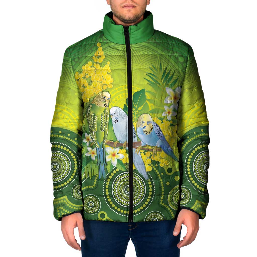 Personalised Budgerigar Australia and Golden Wattle Padded Jacket Budgie Aboriginal Art - Aussie Hoodie