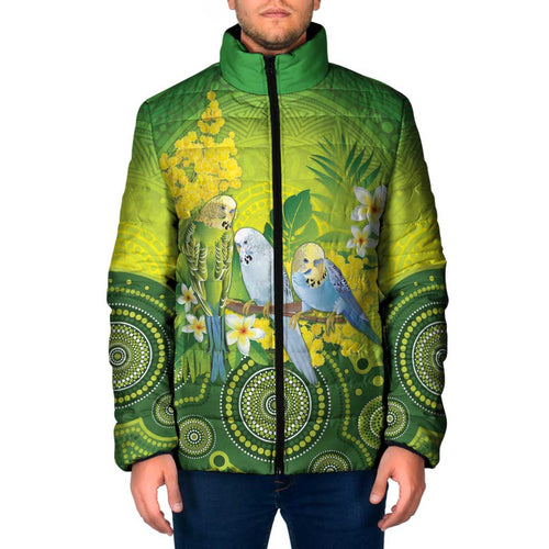 Personalised Budgerigar Australia and Golden Wattle Padded Jacket Budgie Aboriginal Art - Aussie Hoodie