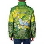 Personalised Budgerigar Australia and Golden Wattle Padded Jacket Budgie Aboriginal Art - Aussie Hoodie