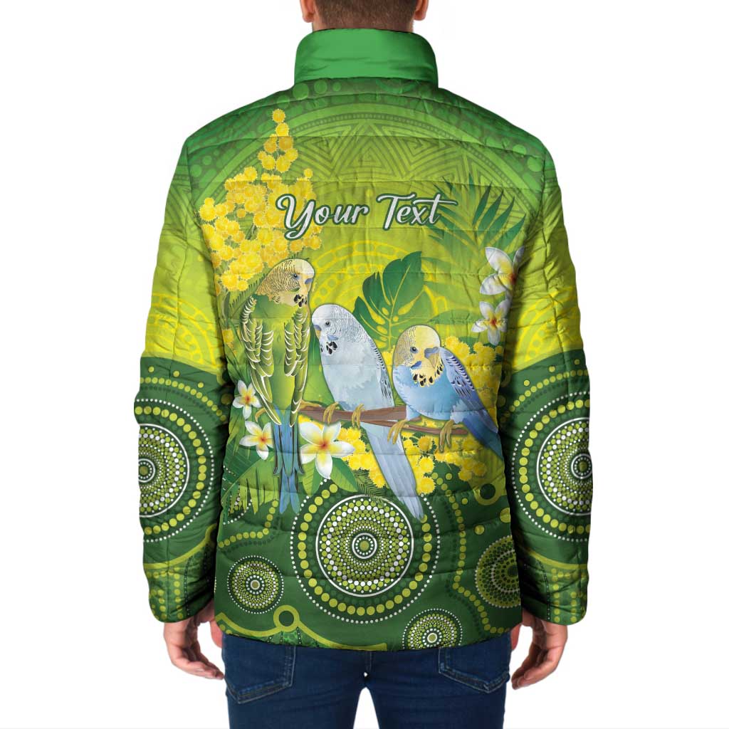 Personalised Budgerigar Australia and Golden Wattle Padded Jacket Budgie Aboriginal Art - Aussie Hoodie