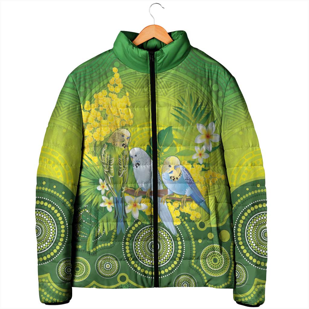 Personalised Budgerigar Australia and Golden Wattle Padded Jacket Budgie Aboriginal Art - Aussie Hoodie
