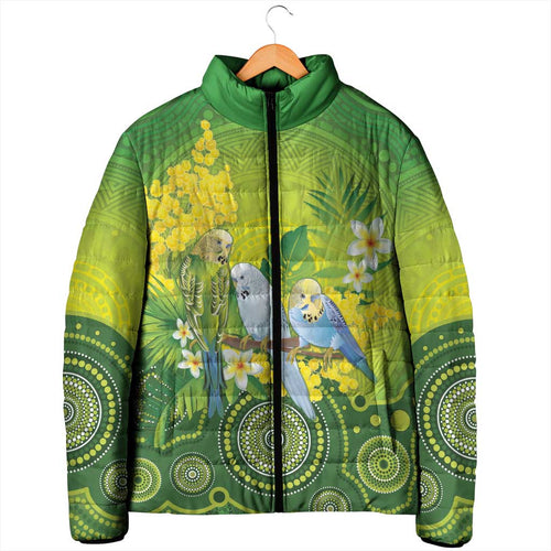 Personalised Budgerigar Australia and Golden Wattle Padded Jacket Budgie Aboriginal Art - Aussie Hoodie