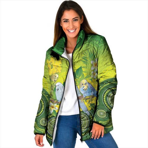 Personalised Budgerigar Australia and Golden Wattle Padded Jacket Budgie Aboriginal Art - Aussie Hoodie