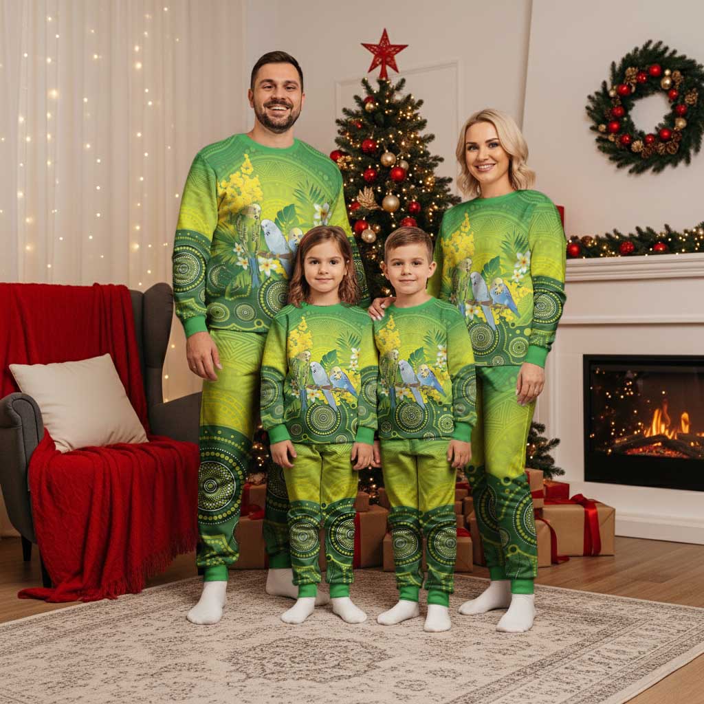 Personalised Budgerigar Australia and Golden Wattle Christmas Pajama Set Budgie Aboriginal Art - Aussie Hoodie