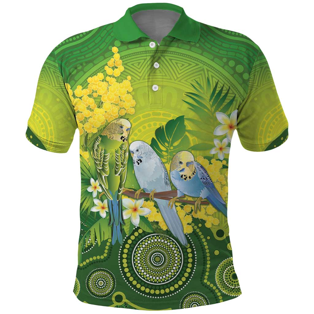 Personalised Budgerigar Australia and Golden Wattle Polo Shirt Budgie Aboriginal Art