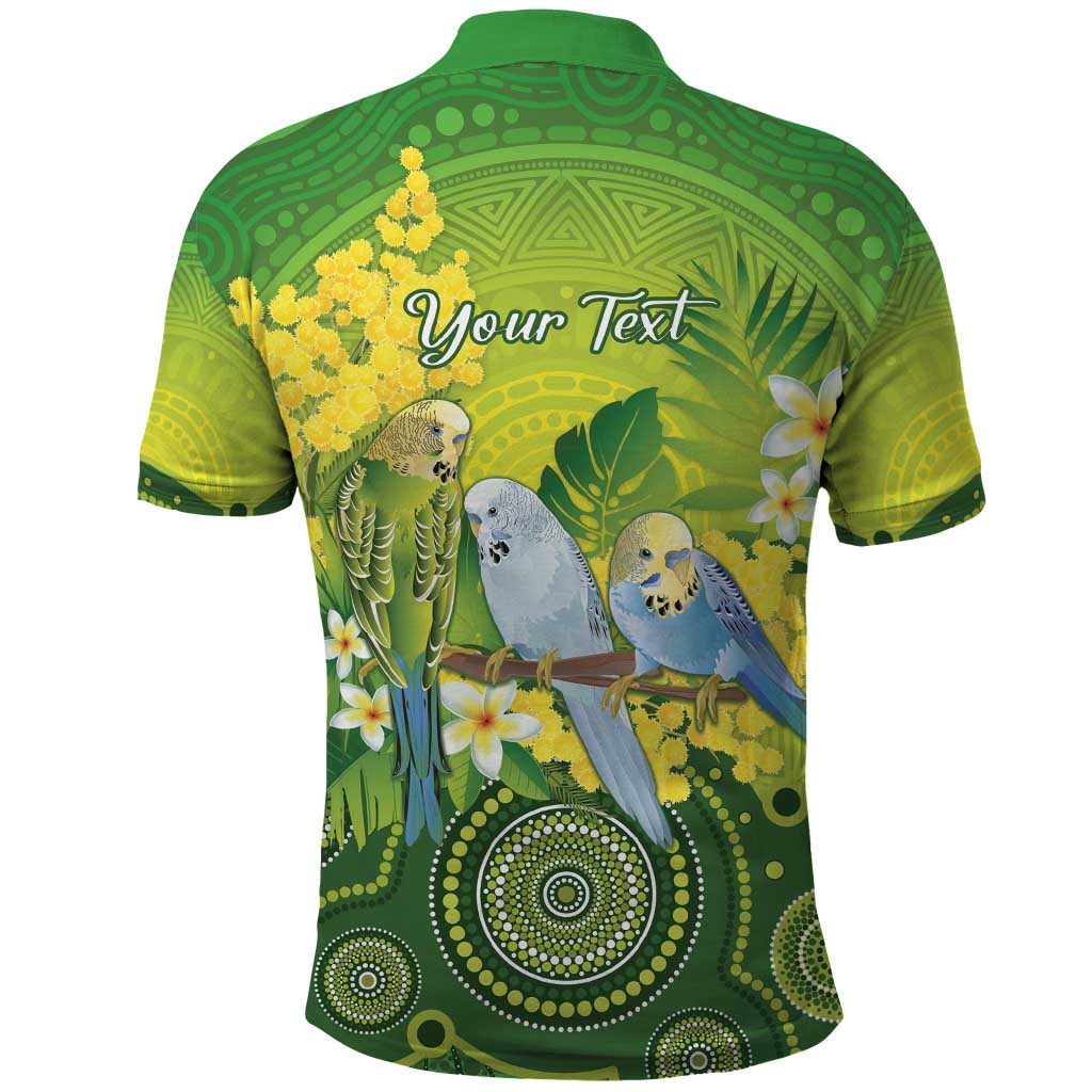 Personalised Budgerigar Australia and Golden Wattle Polo Shirt Budgie Aboriginal Art