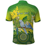 Personalised Budgerigar Australia and Golden Wattle Polo Shirt Budgie Aboriginal Art