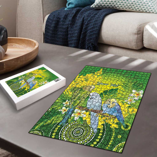 Personalised Budgerigar Australia and Golden Wattle Puzzle Budgie Aboriginal Art - Aussie Hoodie