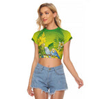 Personalised Budgerigar Australia and Golden Wattle Raglan Cropped T Shirt Budgie Aboriginal Art