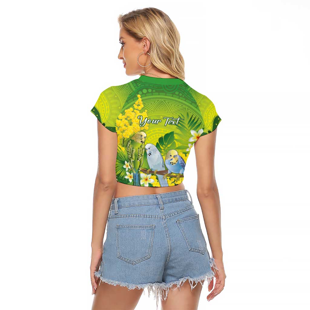 Personalised Budgerigar Australia and Golden Wattle Raglan Cropped T Shirt Budgie Aboriginal Art