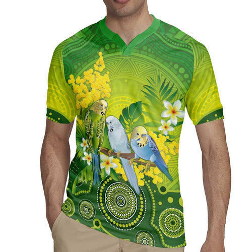 Personalised Budgerigar Australia and Golden Wattle Rugby Jersey Budgie Aboriginal Art