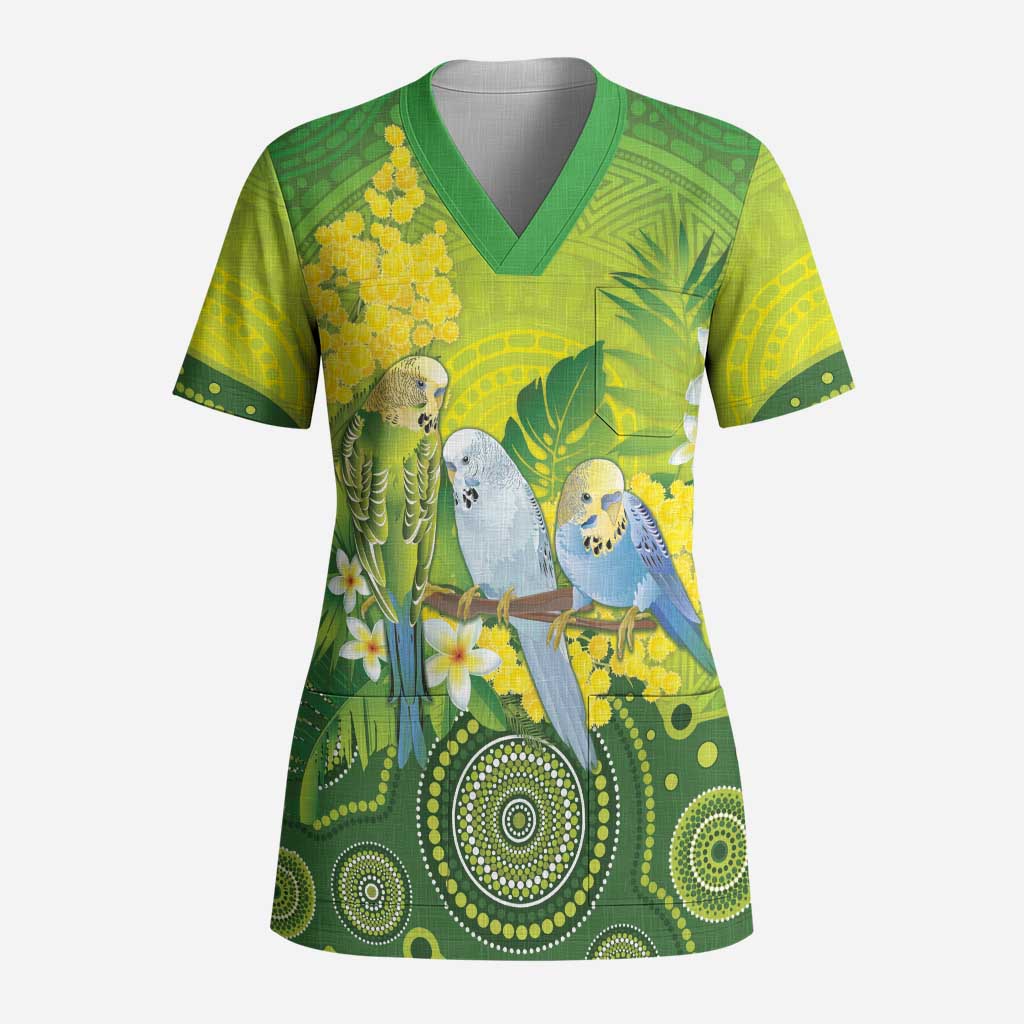 Personalised Budgerigar Australia and Golden Wattle Scrub Top Budgie Aboriginal Art - Aussie Hoodie