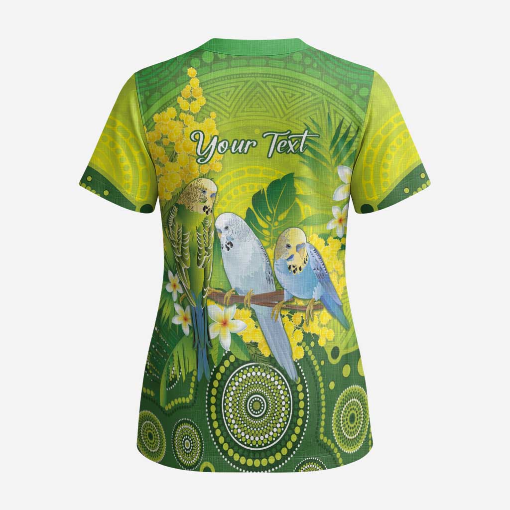 Personalised Budgerigar Australia and Golden Wattle Scrub Top Budgie Aboriginal Art - Aussie Hoodie