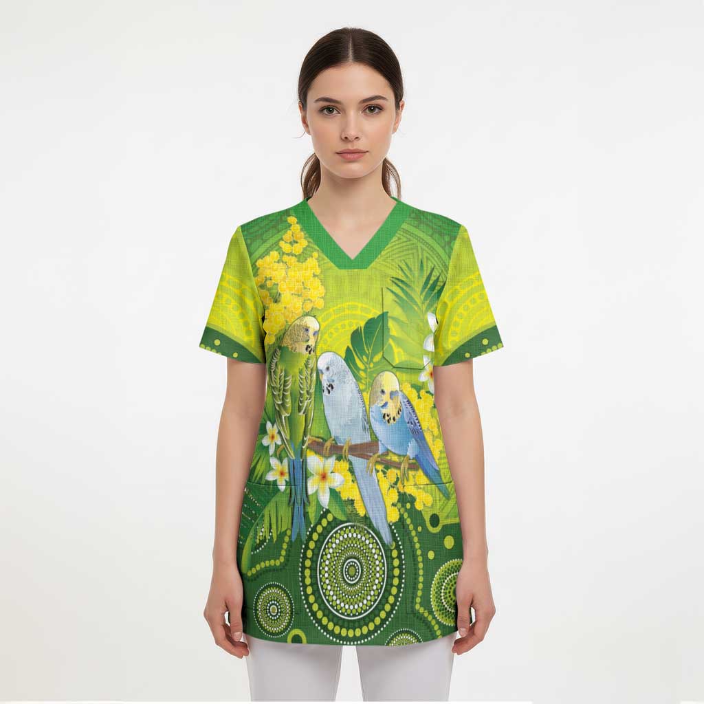 Personalised Budgerigar Australia and Golden Wattle Scrub Top Budgie Aboriginal Art - Aussie Hoodie