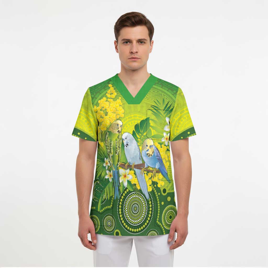 Personalised Budgerigar Australia and Golden Wattle Scrub Top Budgie Aboriginal Art - Aussie Hoodie