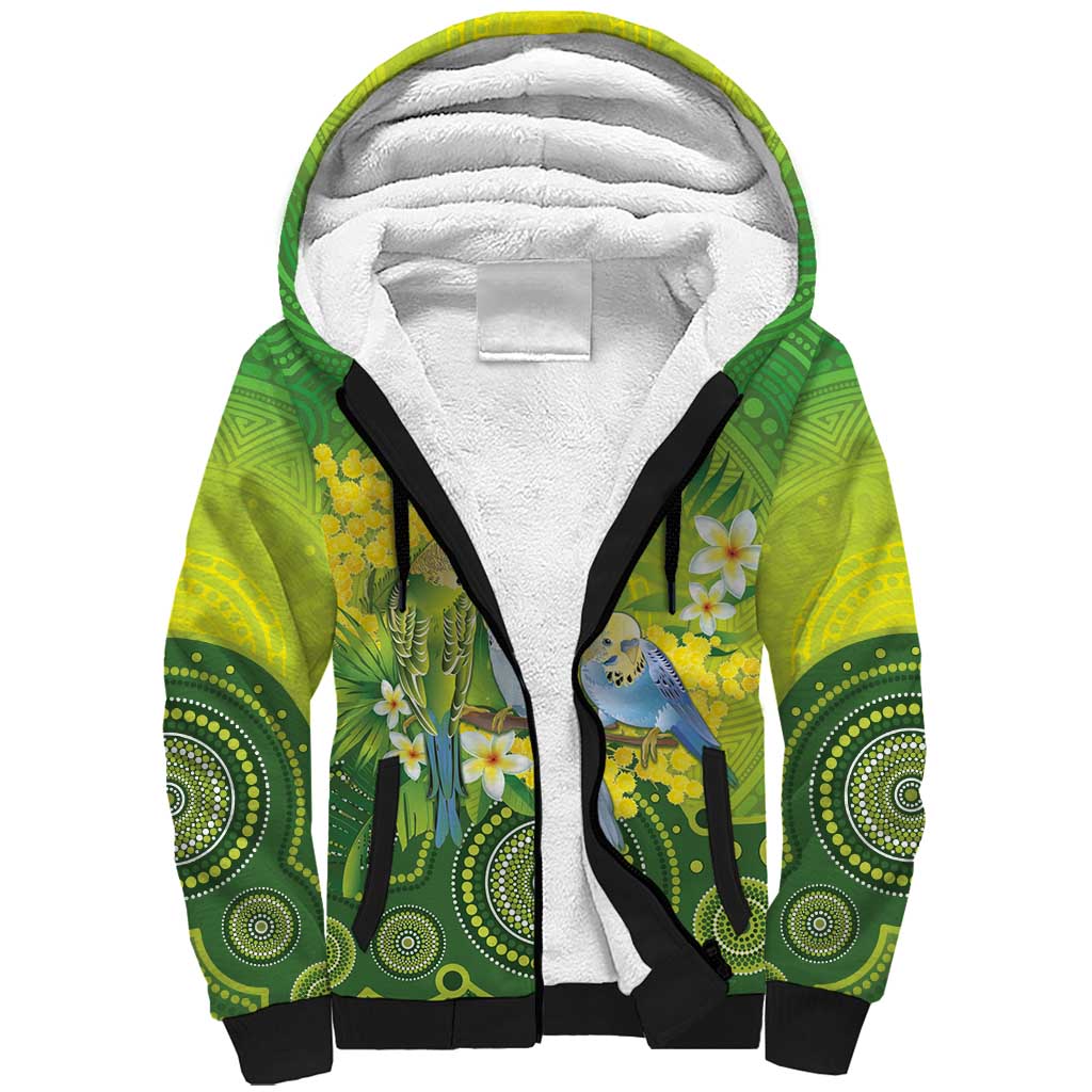 Personalised Budgerigar Australia and Golden Wattle Sherpa Hoodie Budgie Aboriginal Art