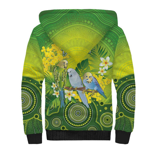 Personalised Budgerigar Australia and Golden Wattle Sherpa Hoodie Budgie Aboriginal Art