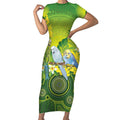 Personalised Budgerigar Australia and Golden Wattle Short Sleeve Bodycon Dress Budgie Aboriginal Art