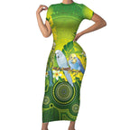 Personalised Budgerigar Australia and Golden Wattle Short Sleeve Bodycon Dress Budgie Aboriginal Art