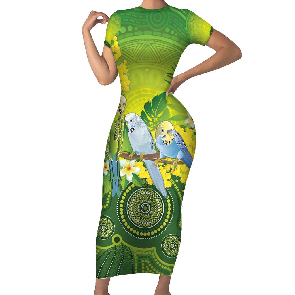 Personalised Budgerigar Australia and Golden Wattle Short Sleeve Bodycon Dress Budgie Aboriginal Art