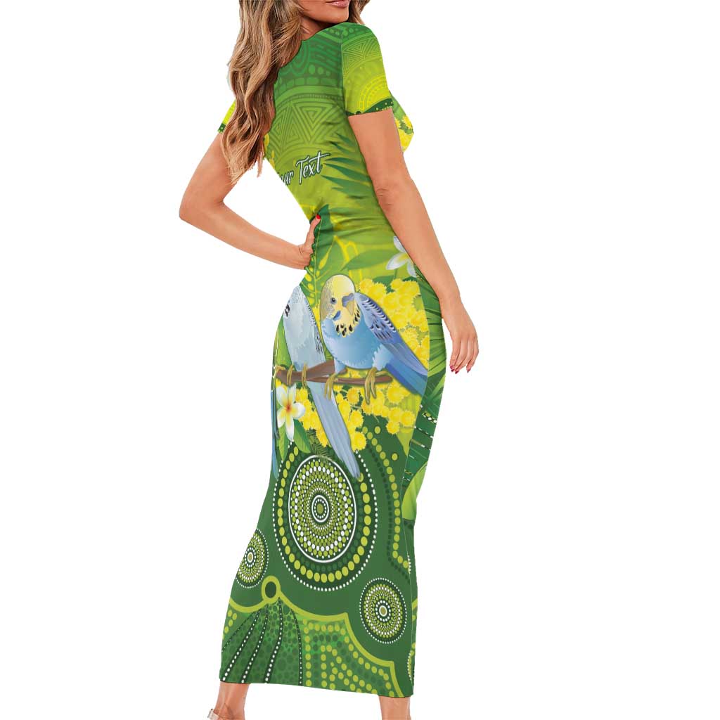 Personalised Budgerigar Australia and Golden Wattle Short Sleeve Bodycon Dress Budgie Aboriginal Art