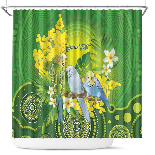 Personalised Budgerigar Australia and Golden Wattle Shower Curtain Budgie Aboriginal Art