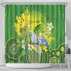 Personalised Budgerigar Australia and Golden Wattle Shower Curtain Budgie Aboriginal Art