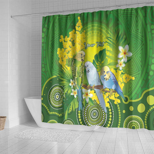 Personalised Budgerigar Australia and Golden Wattle Shower Curtain Budgie Aboriginal Art
