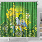 Personalised Budgerigar Australia and Golden Wattle Shower Curtain Budgie Aboriginal Art