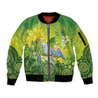 Personalised Budgerigar Australia and Golden Wattle Sleeve Zip Bomber Jacket Budgie Aboriginal Art